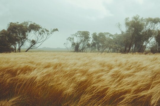 An open field surrounded by swaying tall grass in strong winds, distant trees bending slightly, capturing the intensity of a breezy day.