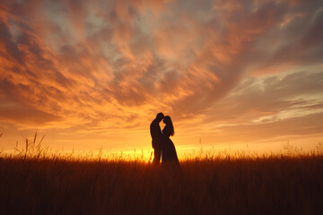 A beautiful sunset scene captures the silhouette of a couple standing close together, embracing the serene and romantic ambiance of the moment