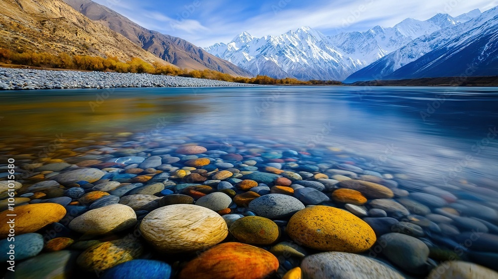 Poster a photo of a river with boulders in the front and a far-off mountain range with snowy summits