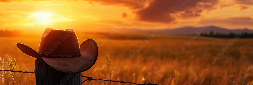 Poster a rustic cowboy hat is placed atop a wooden post as the sun sets, casting a warm glow over golden fi