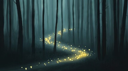   A painting of a forest path with fireflies emerging from its leaves