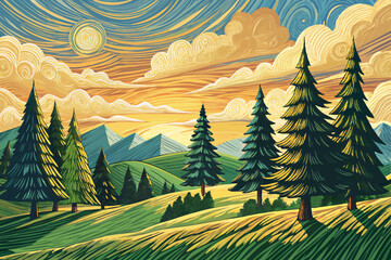 green forest sunset vector with pine trees and mountains, hand drawn sketch