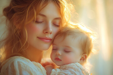 A tender moment between a mother and her baby, radiating warmth and affection, with soft light creating a serene atmosphere.