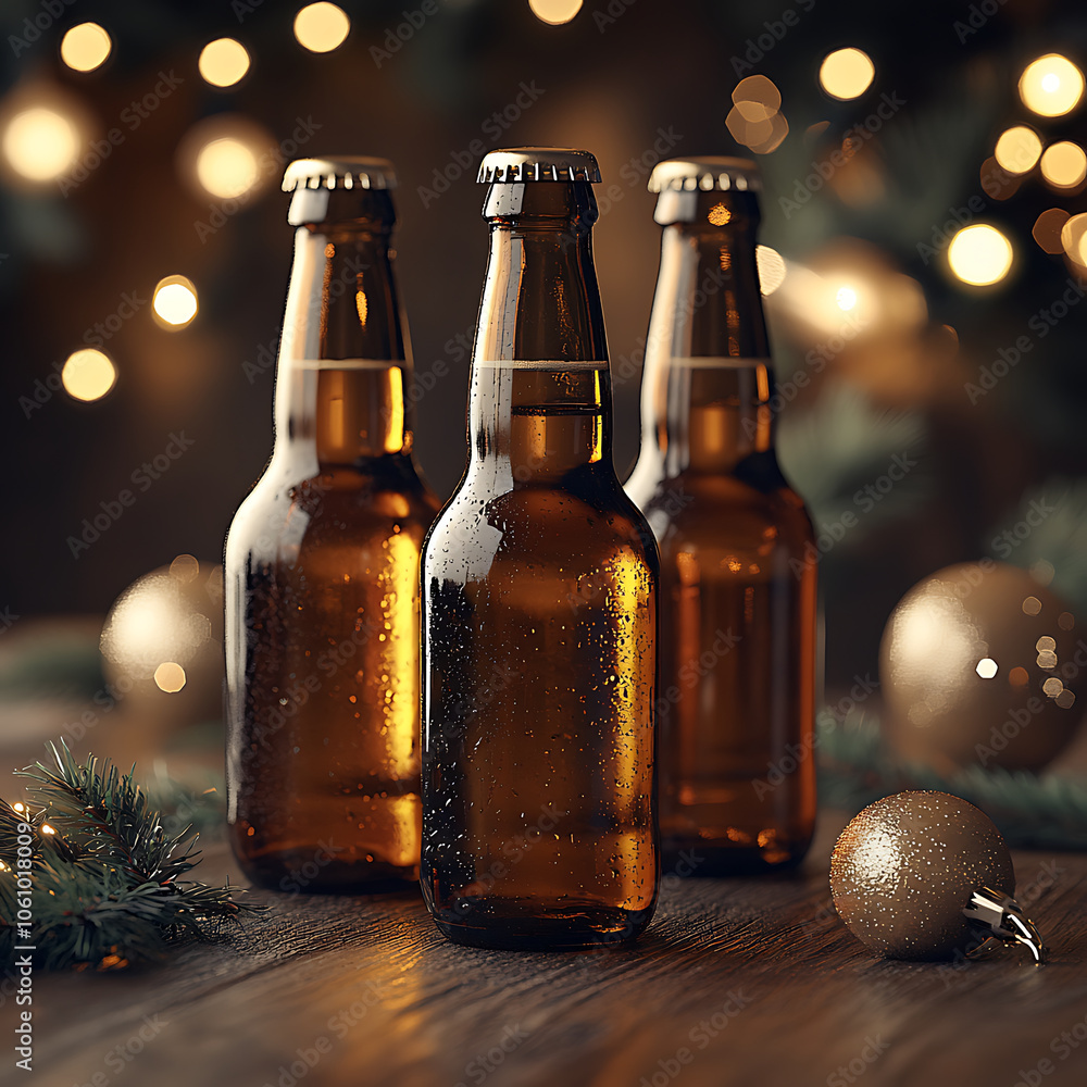 Poster three beer bottles on wooden table with festive bokeh lights in background, creating warm and inviti