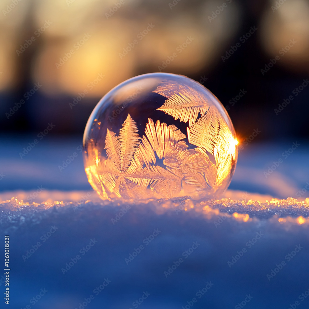Poster a frozen bubble sits on a bed of snow with frosty patterns visible inside