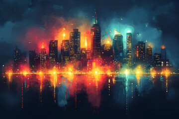 Fototapeta premium A vibrant city skyline illuminated by colorful lights, reflected in the water, creating a captivating nighttime scene.