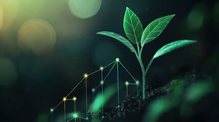   A zoomed-in photo of a plant sprouting from dirt, accompanied by an ascending line chart