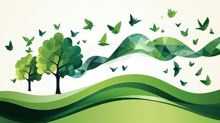  Green landscape with trees, birds flying, white background, light blue sky