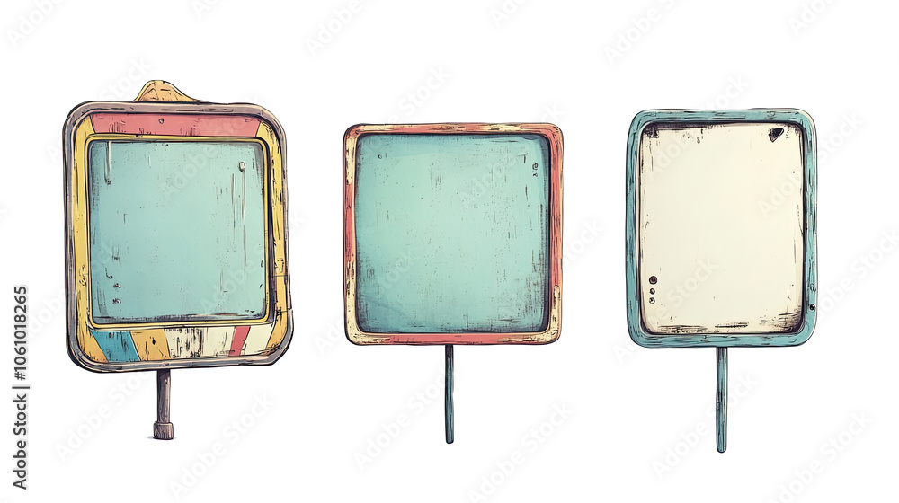 Poster retro cartoon signboards with weathered frames transparent background generative ai