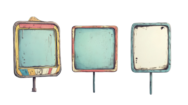 Retro Cartoon Signboards With Weathered Frames Transparent Background Generative AI - Powered by Adobe