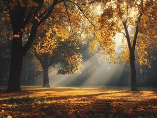 Fototapeta premium Bright autumn trees in a park with sunbeams breaking through