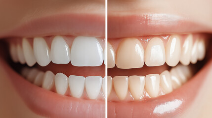 Before and after teeth whitening comparison close-up, showcasing dental health, cosmetic improvement, bright smile, and concept of oral hygiene and care