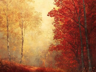 Bright red and gold trees in the warm light of an autumn