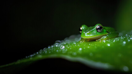 Obraz premium A macro shot of a frog perched on a leaf with droplets of water glistening on its skin against a dark canvas backdrop