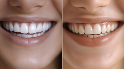 Fototapeta premium Before and after teeth whitening comparison close-up, showcasing dental health, cosmetic improvement, bright smile, and concept of oral hygiene and care