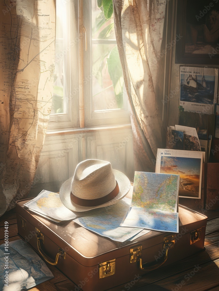 Leinwandbilder a travel hat sits on an open suitcase filled with colorful maps and guides, suggesting a journey awa