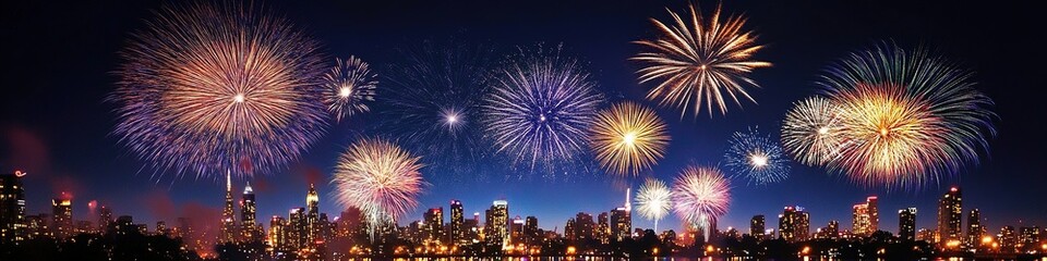 Fototapeta premium Bright fireworks over city skyline at night