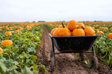 A black wheelbarrow overflowing with large, ripe pumpkins in a vibrant field, symbolising the harvest season and the abundance of autumn