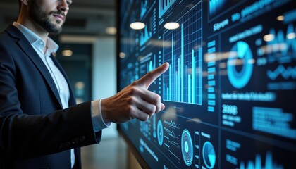 Businessman analyzing interactive business data dashboard with digital charts
