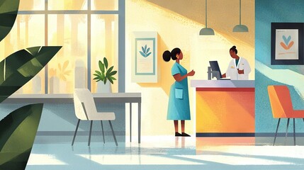   A woman in a blue dress stands before a desk in a room with a plant in the background