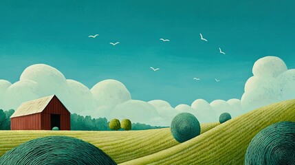   A farm painting with a red barn, hay bales in the foreground, and a blue sky with white clouds in the background