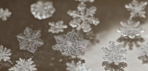 Detailed view of snowflakes resting on a smooth surface, showcasing their unique structures and patterns.