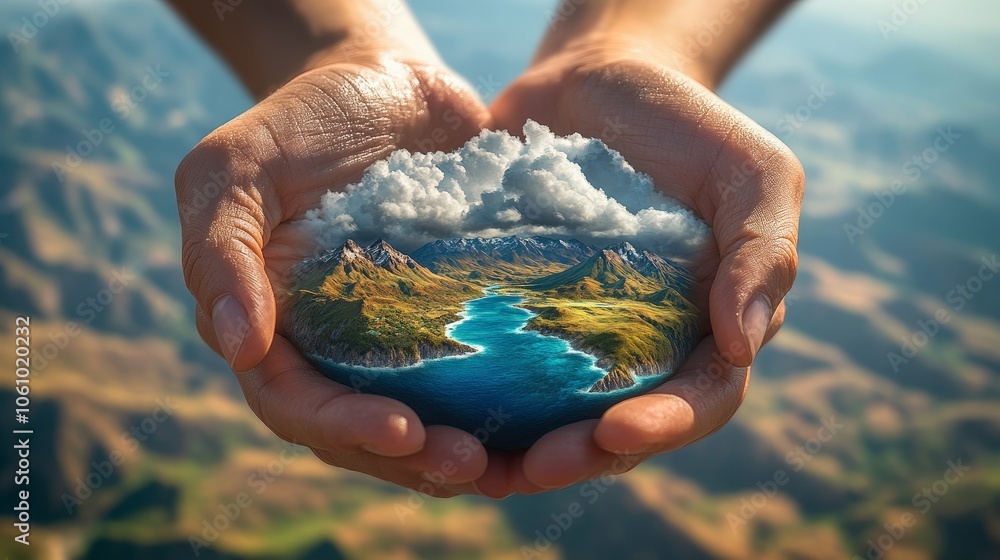 Poster hands holding a tiny world in an artistic display