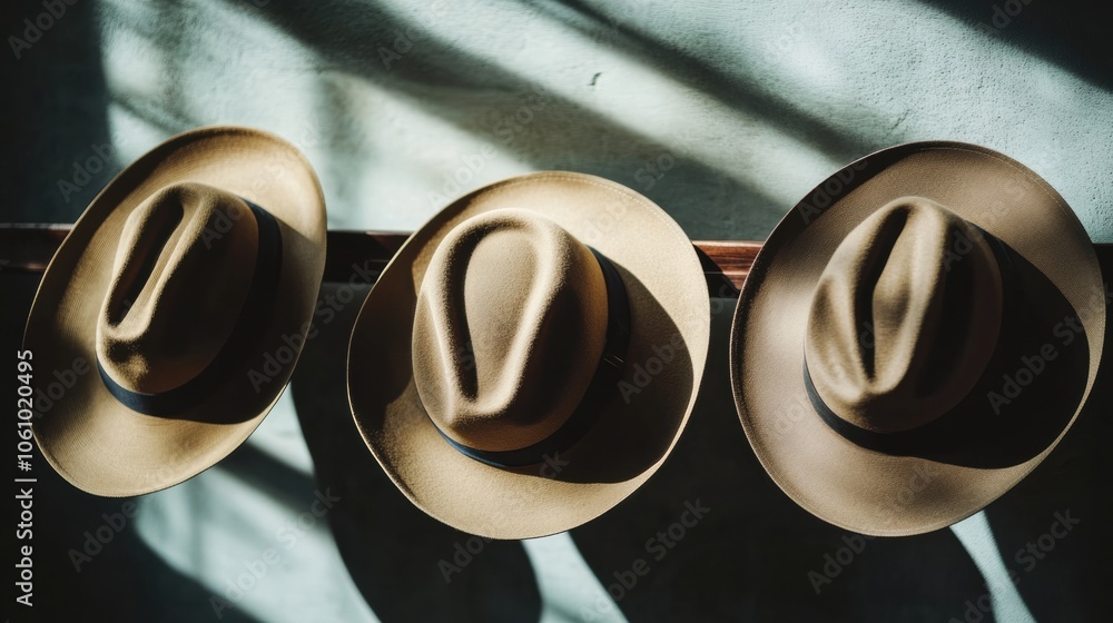 Poster three classic fedora hats rest on a wooden rack, illuminated by soft natural light that casts gentle