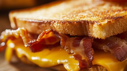 A grilled cheese sandwich with bacon on a wooden table