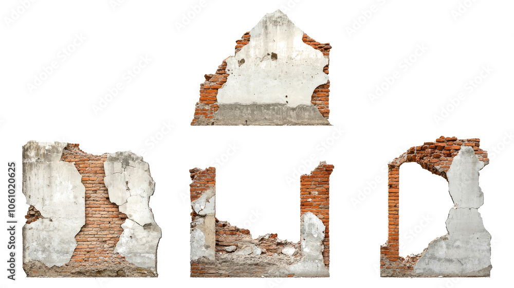 Aufkleber set of damaged concrete walls with cracks and broken sections generative ai