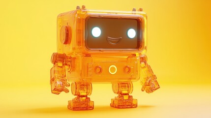 Fototapeta premium A cute, transparent, yellow robot with a smiling face and glowing eyes on a yellow background.