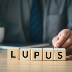 Wooden blocks arranged to spell LUPUS, concept of autoimmune disease awareness, chronic health condition, and medical research displayed on polished wooden surface