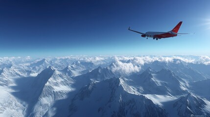 Naklejka premium Jet Flying Over Snowy Mountain Peaks