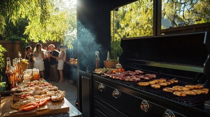Neighborhood BBQ Party with Neighbors in Backyard Setting