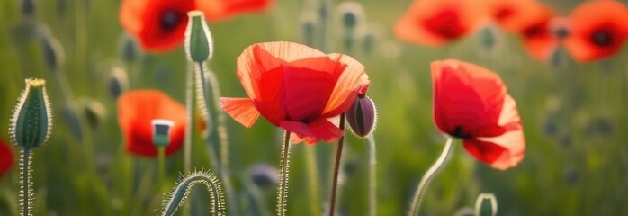 Fototapeta premium Painting of field of red poppies are in full bloom. Painting evokes sense of peace, tranquility, freshness. For greeting card, interior decor, print, textile design, social media content, event decor.