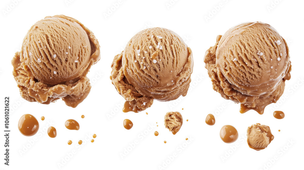 Poster scoops of salted caramel ice cream on a transparent background generative ai