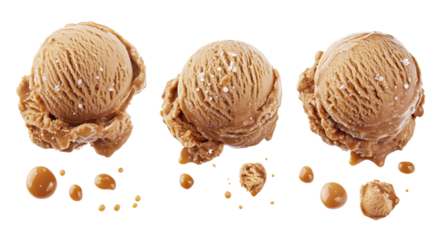 Scoops of Salted Caramel Ice Cream on a Transparent Background Generative AI