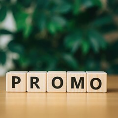 Wooden blocks spelling PROMO, concept of marketing, advertising, discounts, and promotional campaigns for sales and offers