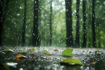 Gentle rainfall in a forest, with droplets clinging to leaves and the ground glistening from the moisture, creating a peaceful ambiance.