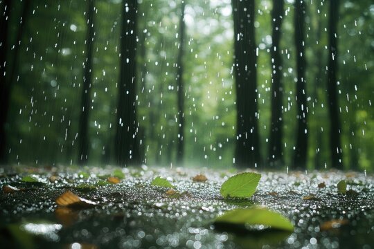 Gentle rainfall in a forest, with droplets clinging to leaves and the ground glistening from the moisture, creating a peaceful ambiance.