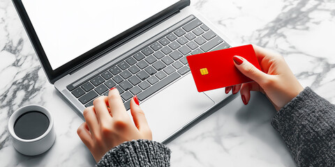 Making a secure online payment on a laptop with a red credit card in hand. Online shopping during sale season, easy and convenient from home. Blank screen mockup for customization