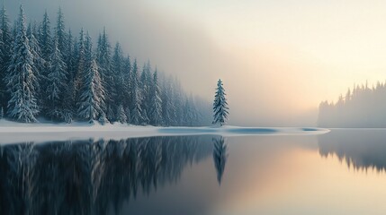 Fototapeta premium A serene lake encircled by snowy trees, framed by a mystic fog and bathed in the golden sunlight filtering through the treetops (42