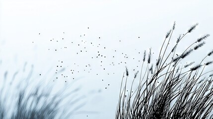   A flock of birds soaring over long blades of grass and dotted with droplets