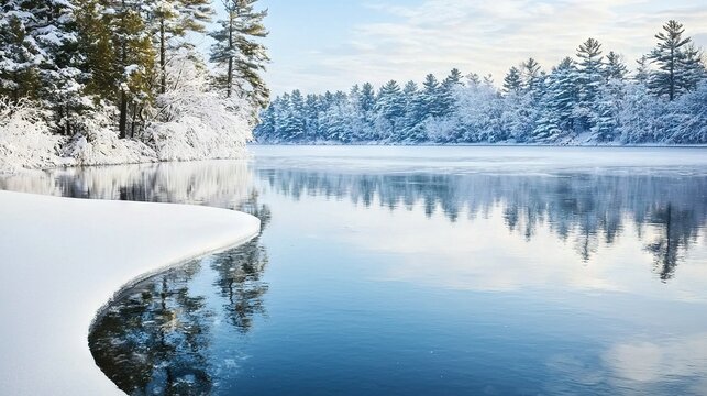   A lake encircled by snow-topped conifers and a cerulean sky adorned with cottony cloudlets