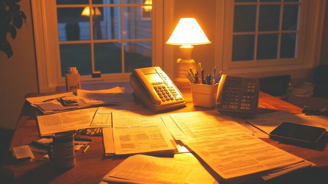 Gentle lighting on budget summaries, credit reports, and property loan applications arranged on a wooden desk, evoking a calm and focused planning session