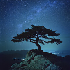 A lone tree stands tall on a rocky outcrop, silhouetted against a night sky filled with stars and the Milky Way