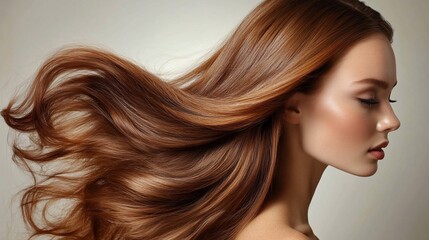 Naklejka premium Beautiful woman with long flowing hair, side profile, light background.