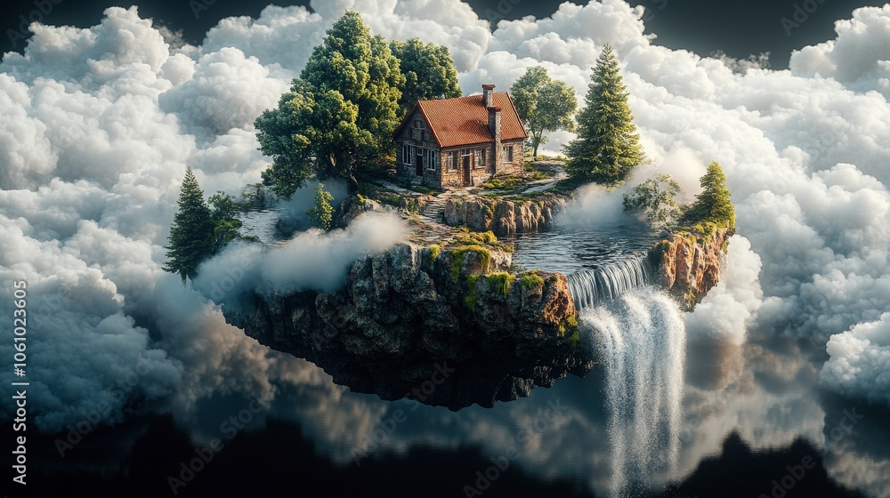 Poster surreal floating island in cloudscape