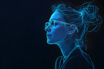 Neon wireframe portrait of a business woman with a laptop isolated on black background.