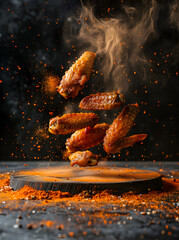 Falling chicken wings with spices on a dark background